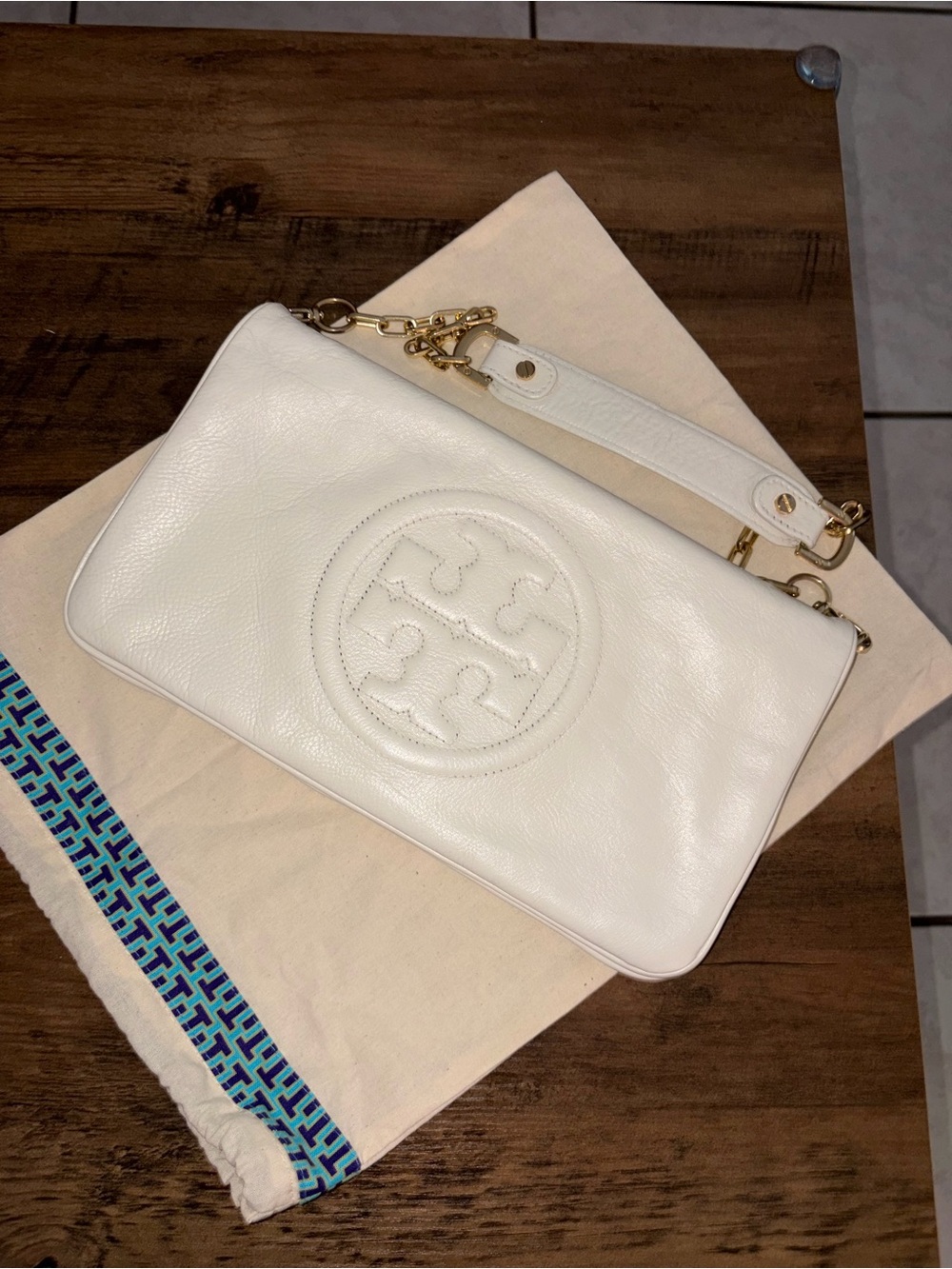Tory Burch White Pebbled Leather Logo Wristlet with Gold Hardware